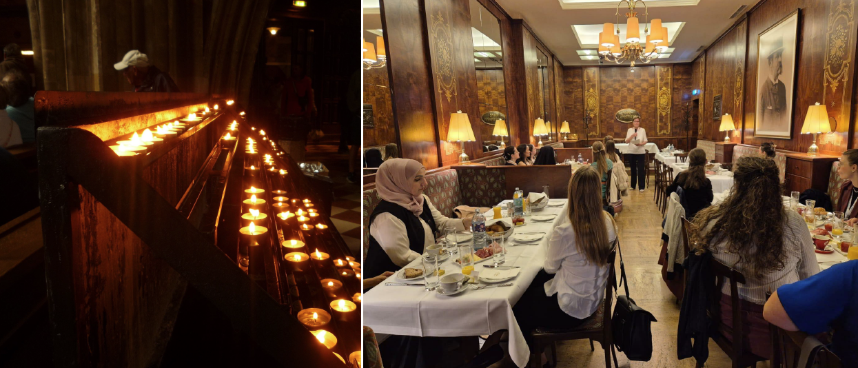 Church candle and restaurant on the left, an image of lit candles in a church, right side restaurant
