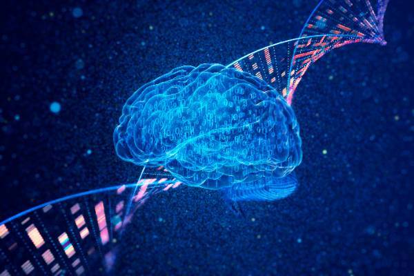 A digital blue brain with binary code is overlaid against a dark background, intertwined with a colorful DNA strand, symbolizing technology and genetics.