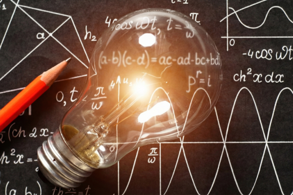Applied Mathematics and Statistics A glowing light bulb rests on a chalkboard with mathematical formulas. A red pencil lies nearby. The scene conveys innovation and learning.