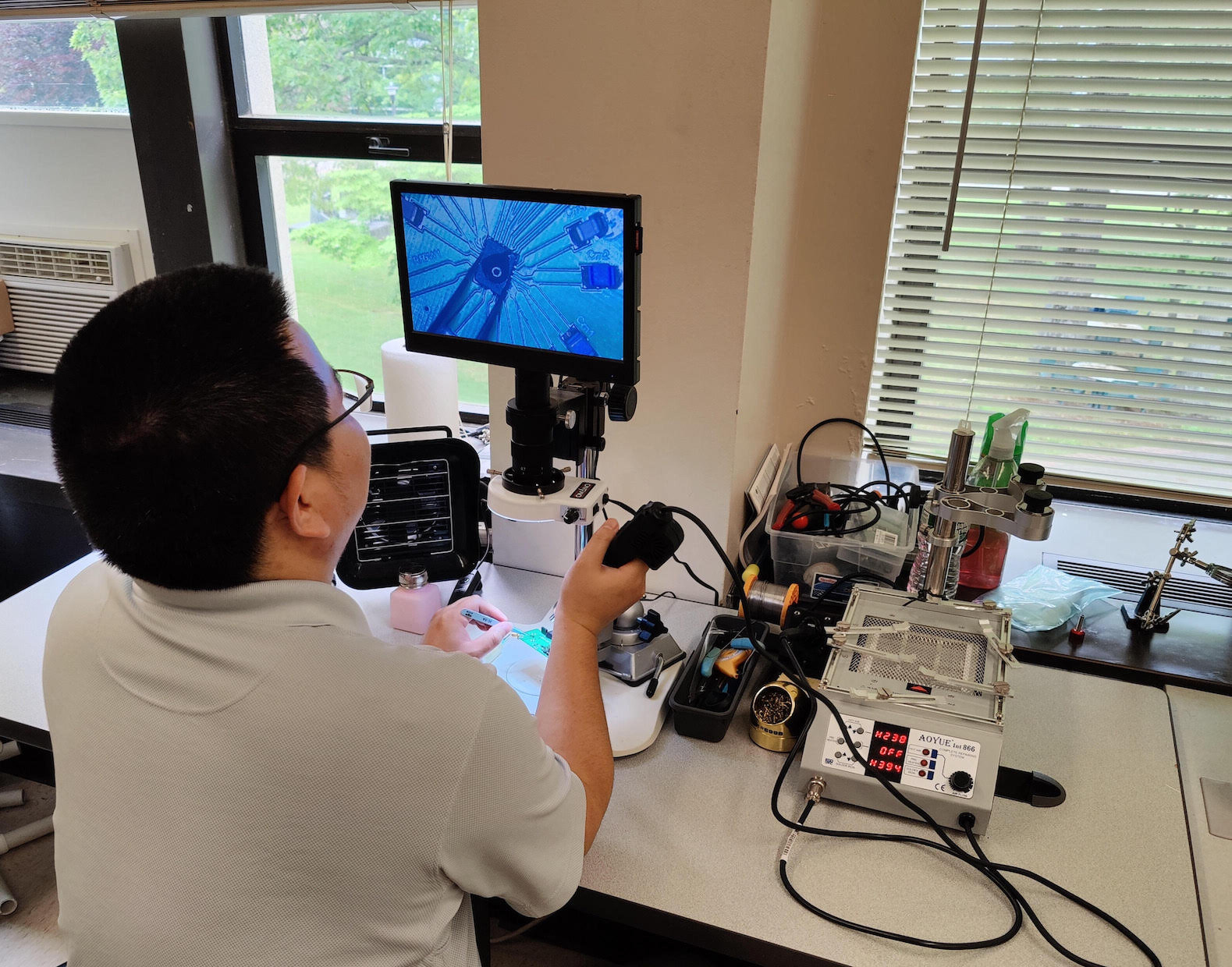 PhD student, Yang Xie, preparing the RF tag for testing