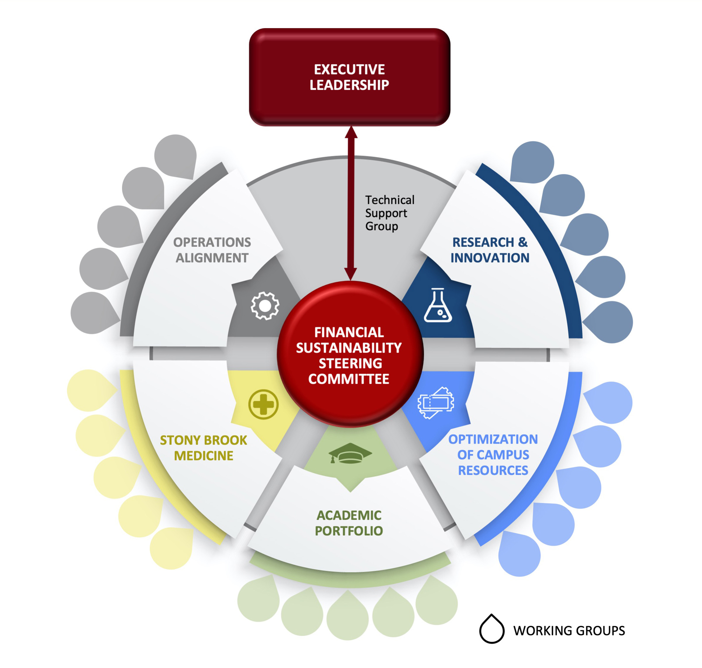 Chart shows financial sustainability steering committe at center with operations alignment, research & innovation, optimization of campus resources, academic portfolio, and stony brook medicine task forces around it.  Each task force show support of hypothetical working groups. The steering committee show reporting into executive leadership.