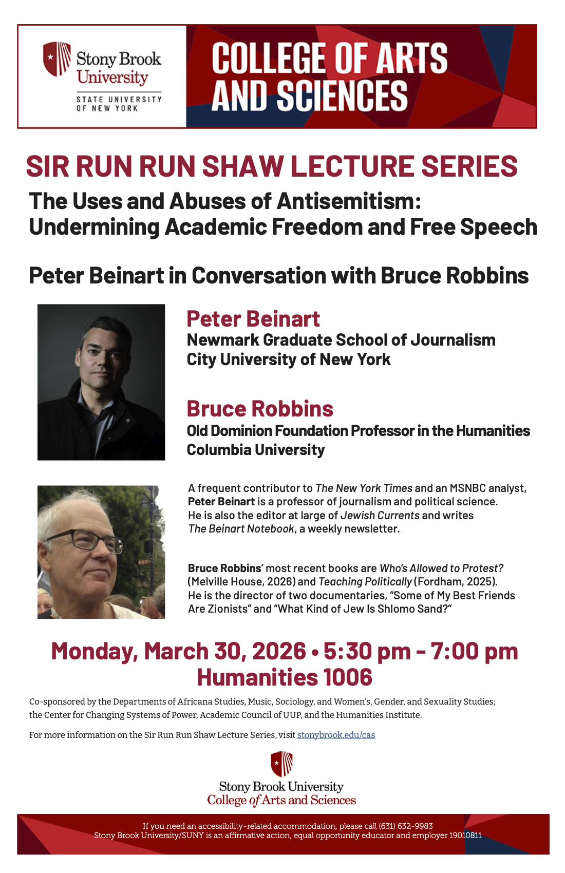 poster with photos of speakers Peter Beinart and Bruce Robbins