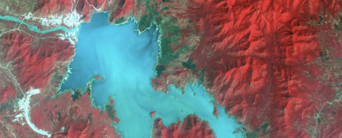 Color-enhanced satellite image of body of water