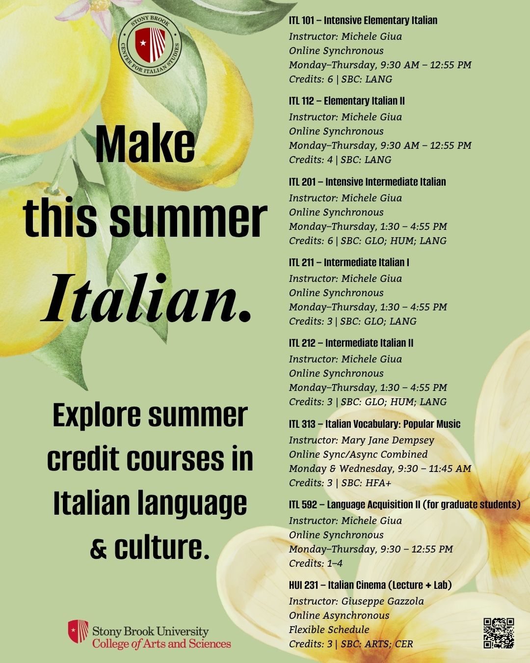 flyer advertising Summer 2026 credit-bearing Italian courses. Information on the flyer is the same as what's on the site at https://www.stonybrook.edu/italianstudies/students/credit-classes.php