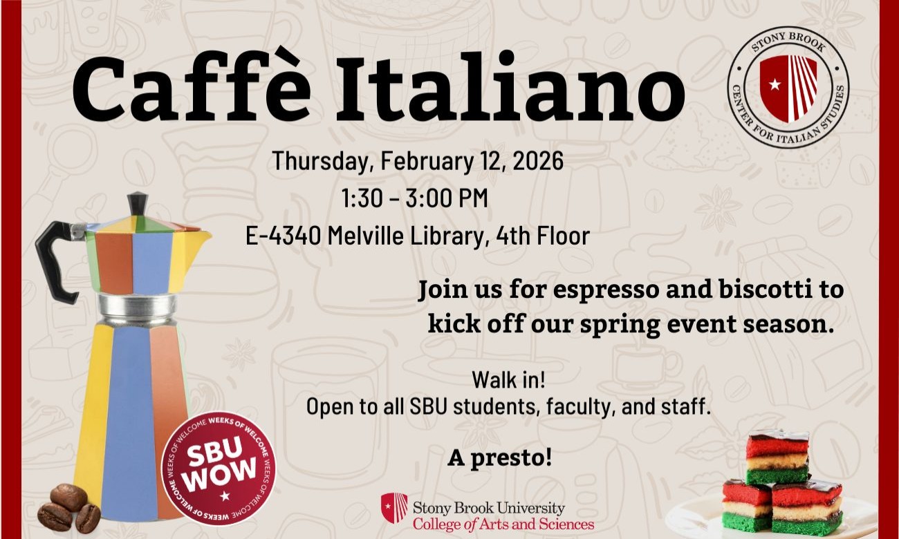 poster advertising the Caffè Italiano event. It contains the SBU CAS logo, an image of a coffeemaker and some cookies, plus the CIS logo. Image on the poster is the same as what's on the site