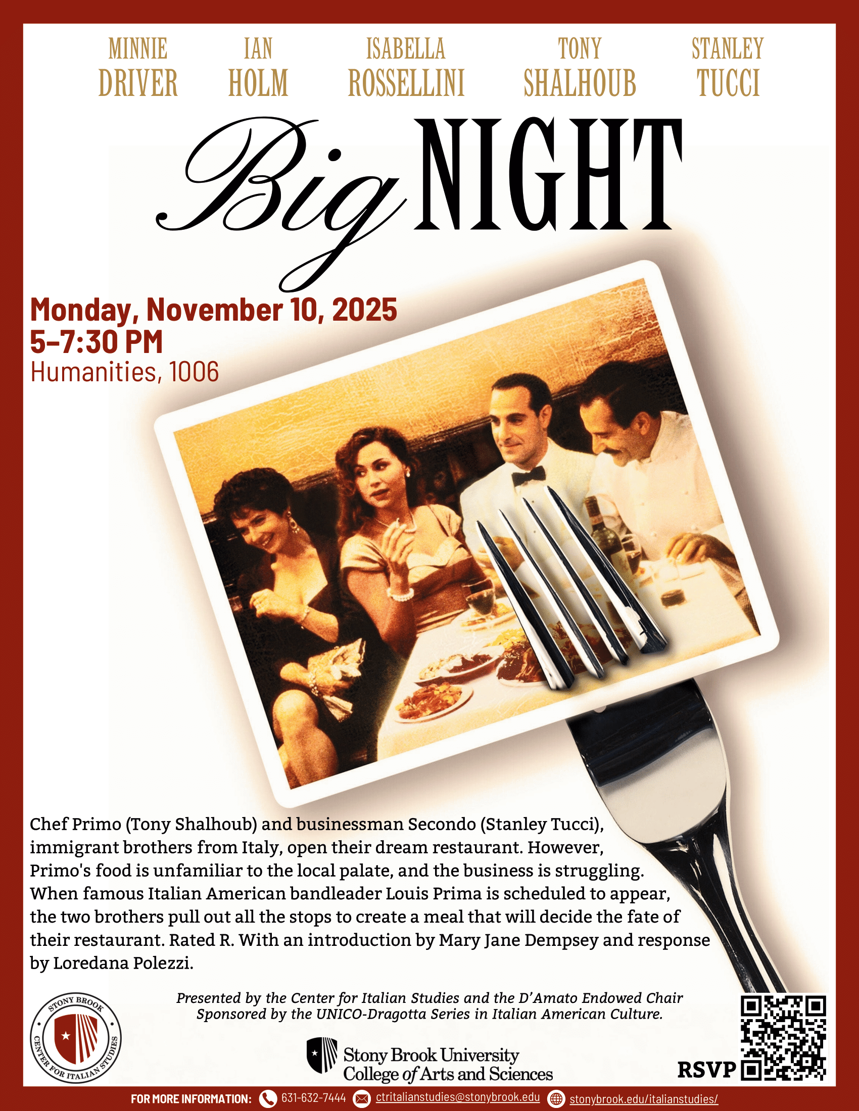 flyer advertising the showing of "Big Night" and accompanying talks. Information on the flyer is the same as what's on the site.