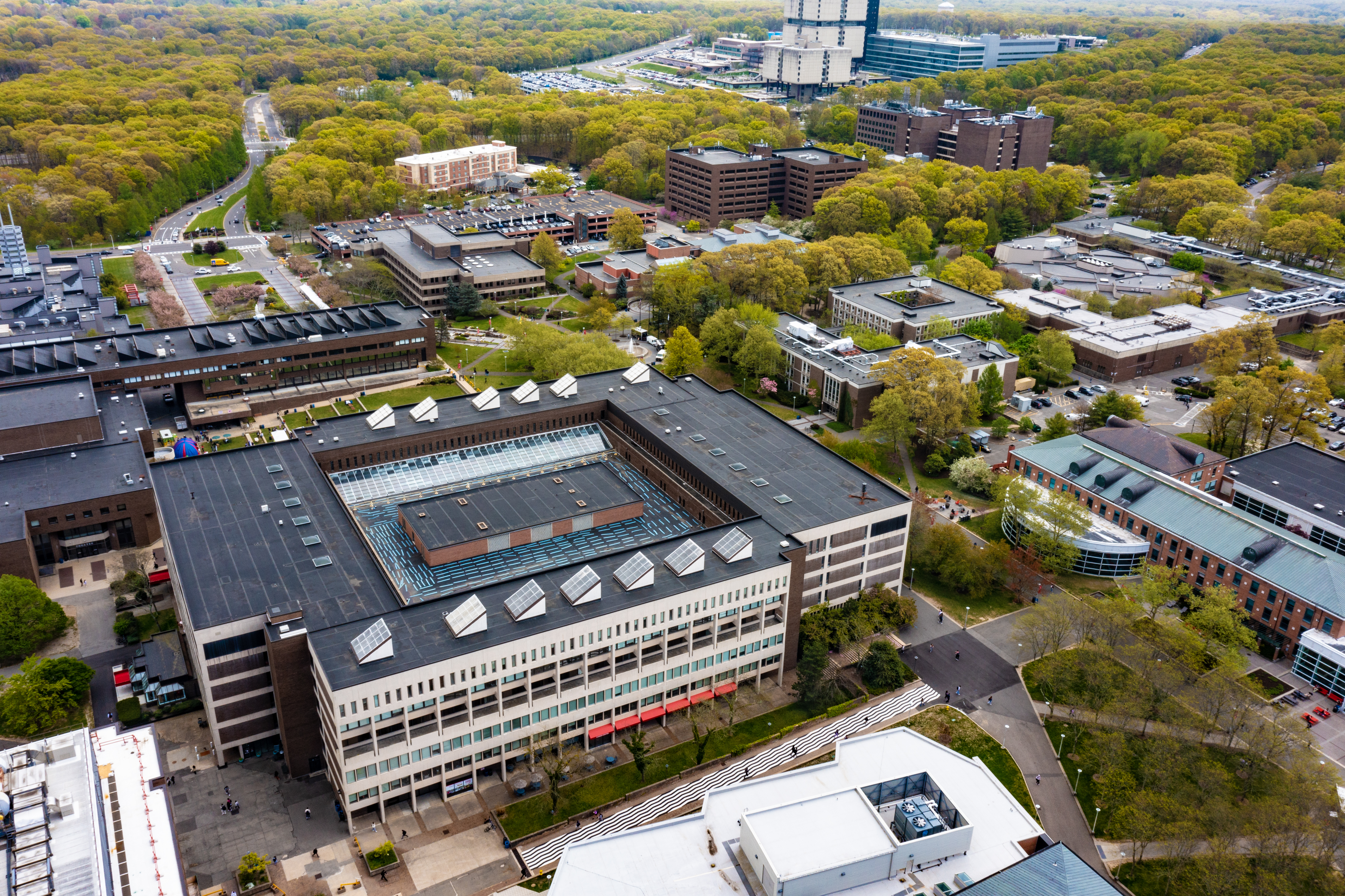 overhead shot of the Stony Brook campus from a drone