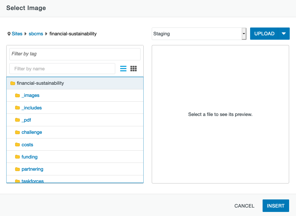 upload button and staging dropdown menu