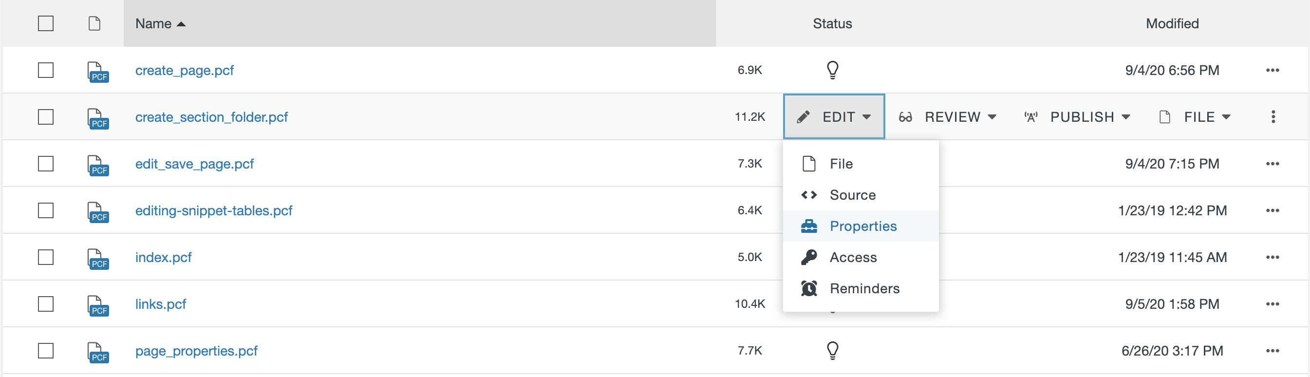 page properties list view