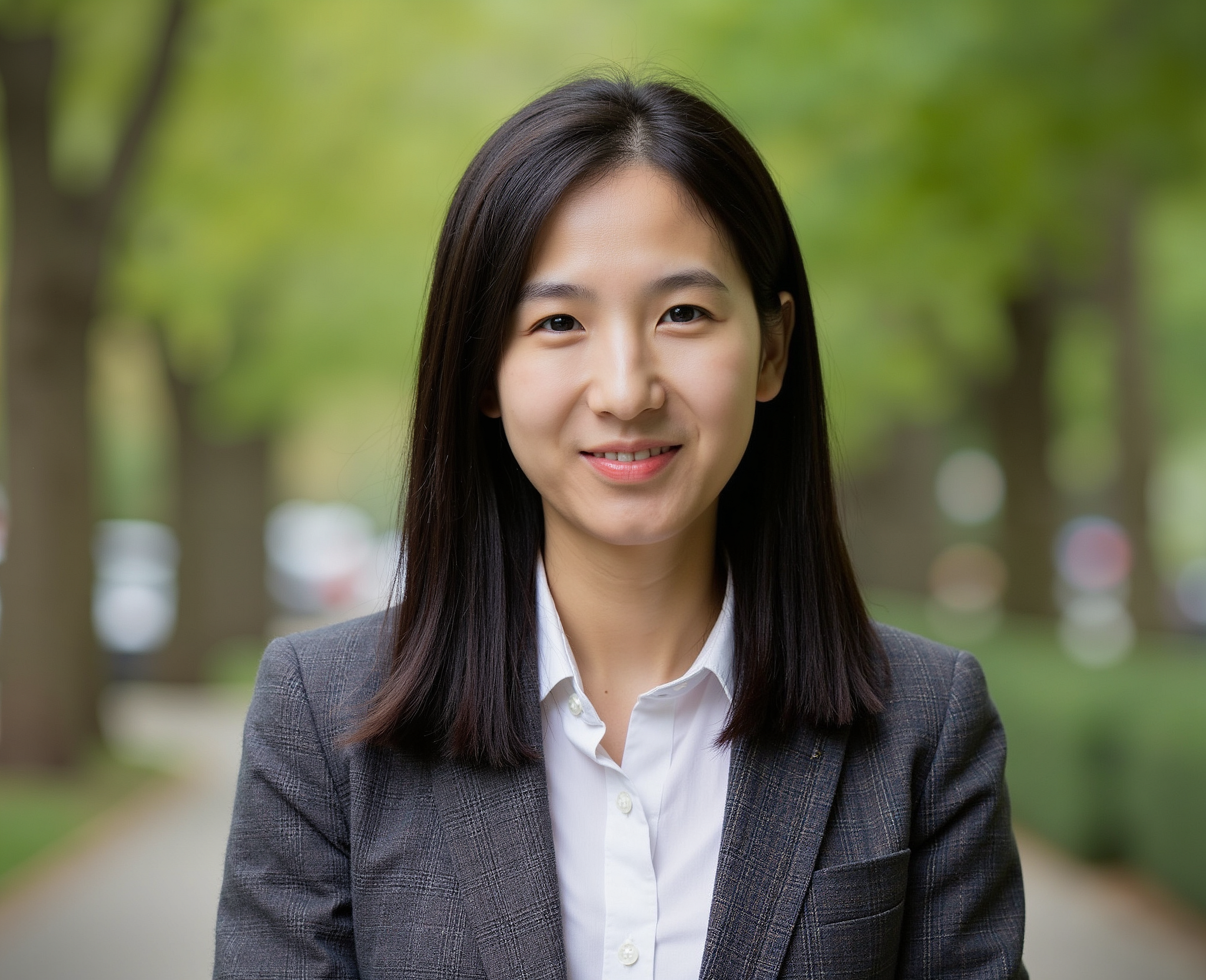 A smiling woman, Wei Zhong, with shoulder-length dark hair, stands outdoors. She is wearing a white collared shirt under a gray plaid blazer. The background is a tree-lined path, slightly blurred, suggesting a park or campus setting.