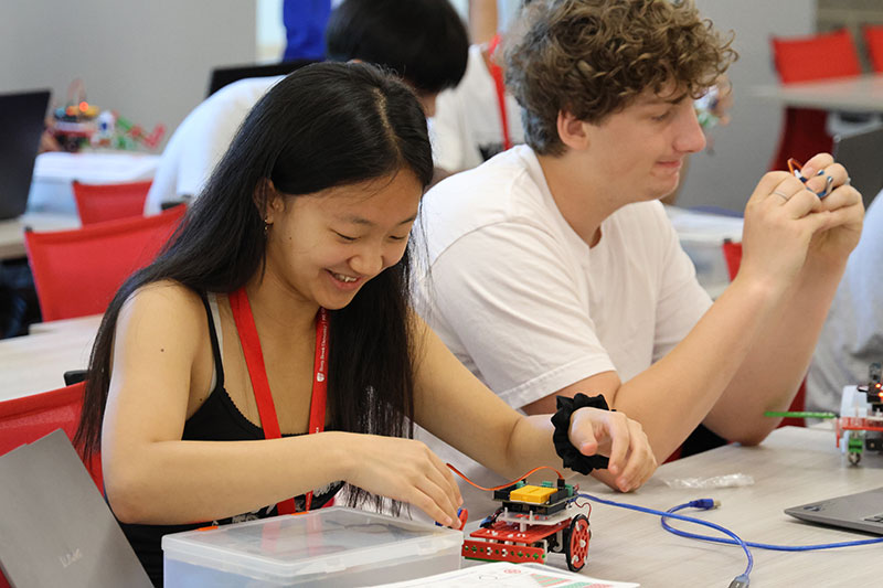 Students working on robotics project