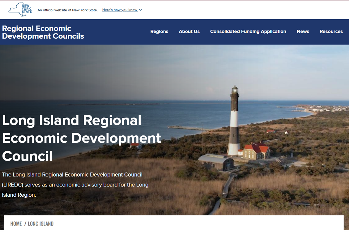 Screen shot of Long Island Regional Econommimc Development Council website homepage.