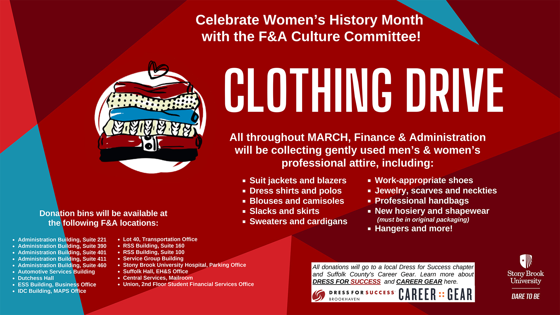 image of a flyer advertising a clothing drive at stony brook university